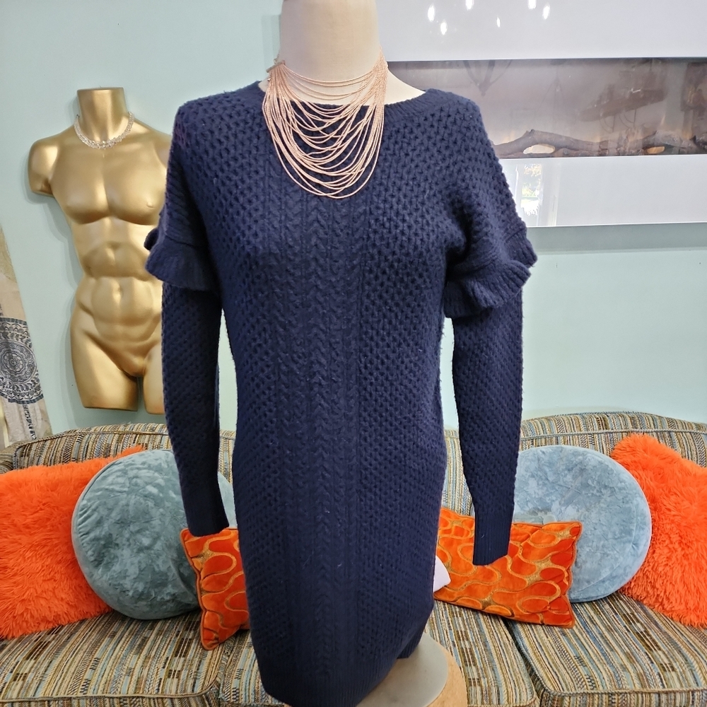 J Crew Cable-knit ruffle-sleeve sweater-dress Navy Blue Size XS H2478